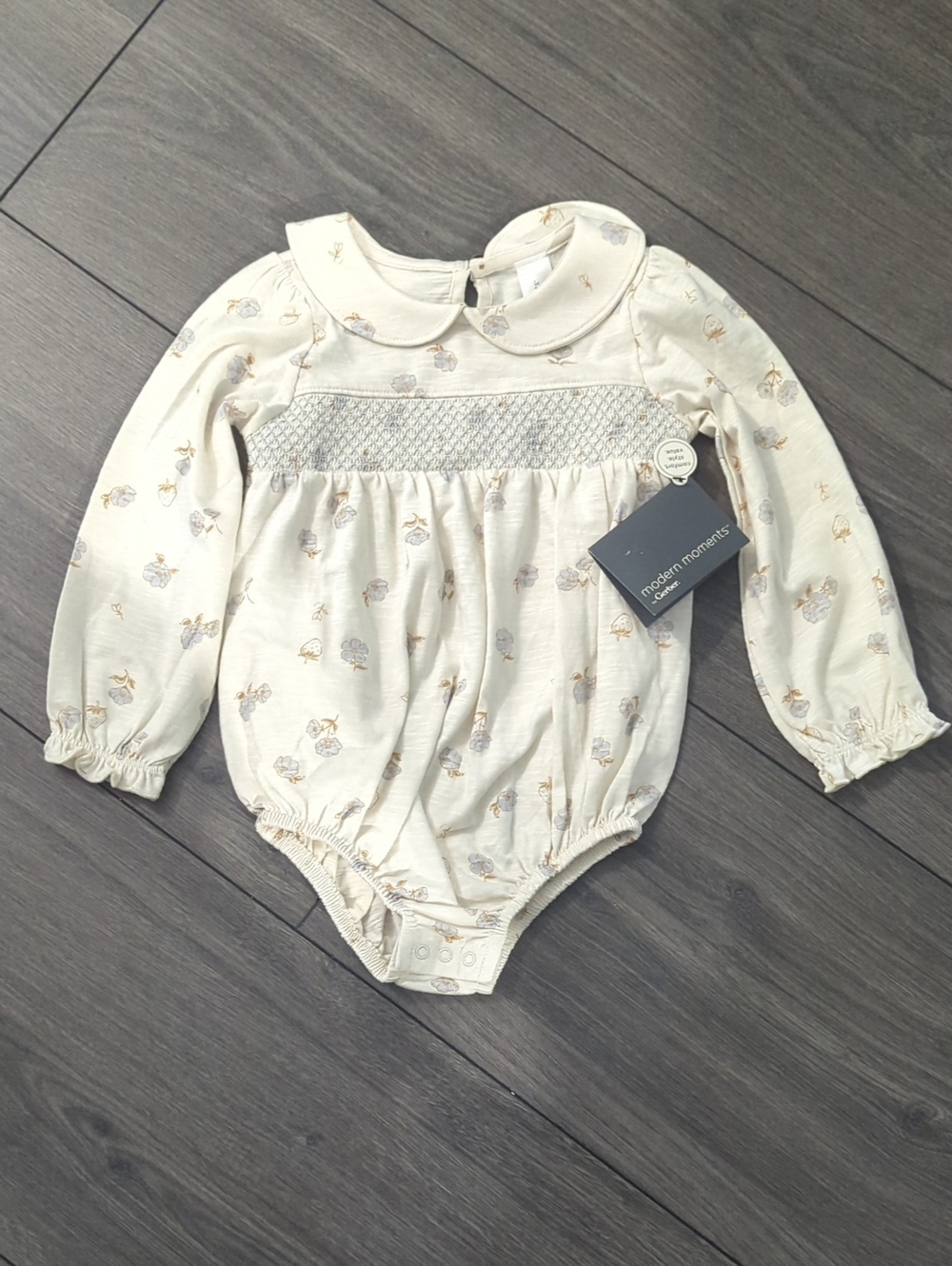 Gerber Modern Moments Cream Floral Smocked Baby One-Piece